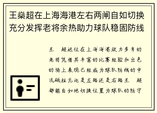 王燊超在上海海港左右两闸自如切换充分发挥老将余热助力球队稳固防线 王燊超在上海海港左右两闸自如切换充分发挥老将余热助力球队稳固防线