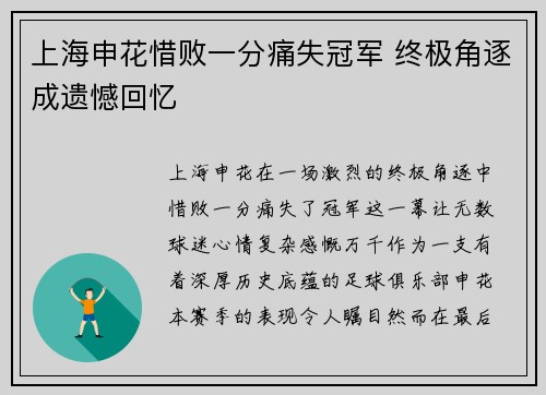 上海申花惜败一分痛失冠军 终极角逐成遗憾回忆